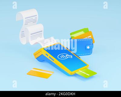 3d terminale pos di rendering, assegno cartaceo, carta di plastica e portafoglio. Concetto di pagamento contactless con dispositivo elettronico per transazioni di denaro nfc wireless, illustrazione in stile cartoon plastico Foto Stock