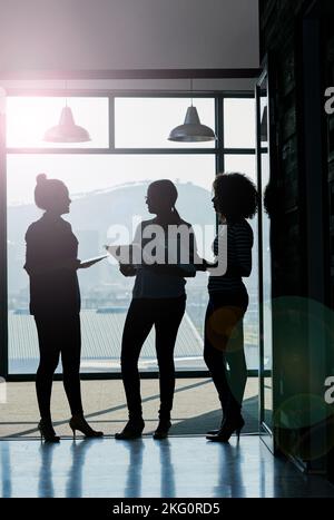 Pensate bene a lavorare nel tempo su questo... Silhouette ripresa di colleghi di sesso femminile che parlano mentre si è in piedi di fronte a una finestra in un ufficio. Foto Stock