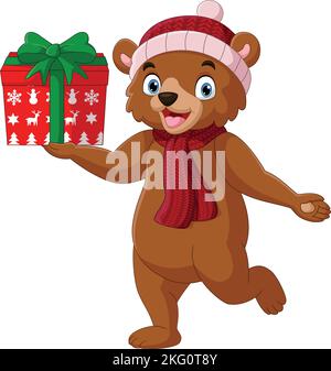 Cartoon orso con sciarpa e cappello in regalo Illustrazione Vettoriale