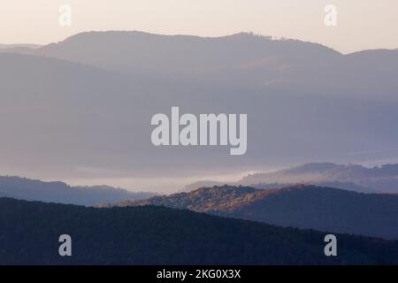 paesaggio di nebbia montagnosa all'alba. paesaggio di nebbia autunnale. splendida vista nella valle distance piena di nebbia mattutina Foto Stock