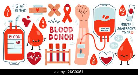 Set adesivi donatori di sangue, sacchetto di sangue, cuori, cute goccia di sangue, fattore rh. Illustrazione vettoriale disegnata a mano Illustrazione Vettoriale