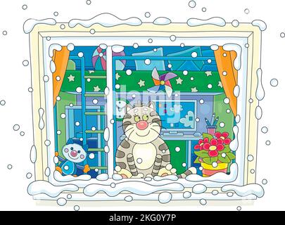 Divertente grumo domestico gatto sorridente amichevole, seduto su un davanzale e guardando allegro vorticoso fiocchi di neve fuori una finestra in una bella giornata invernale Illustrazione Vettoriale
