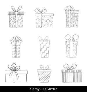un set di scatole regalo con archi di forme e modelli diversi in una sottile linea. illustrazione vettoriale di un doodle. Illustrazione Vettoriale