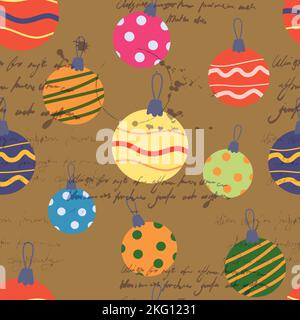 Natale senza cuciture palle retrò modello, giocattoli. Doodle icone vintage Illustrazione Vettoriale