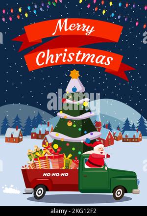 Poster Babbo Natale guida una vecchia auto retrò, camion Illustrazione Vettoriale