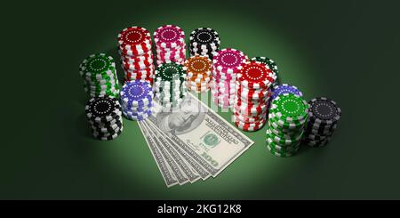 Casino chips stack e banconote in dollari USA su tavolo in feltro verde, sfondo scuro. Scommesse e guadagni. rendering 3d Foto Stock