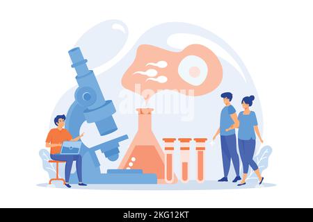 Scienziato al microscopio che lavora al trattamento dell'infertilità per coppia. Infertilità, cause di infertilità femminile, sterilità concetto di trattamento medico. piatto Illustrazione Vettoriale