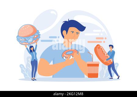 Uomo in sovrappeso che mangia hamburger, gente minuscola che dà fast food. Dipendenza da overeating, disturbo alimentare binge, concetto di trattamento di overeating compulsivo. piatto Illustrazione Vettoriale