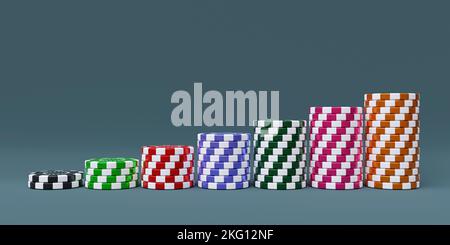 Stack di chip da gioco. Gettone del casinò in sette pile su sfondo grigio. Molti colori poker chip, 3D rendering Foto Stock