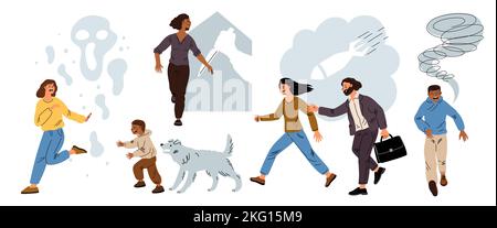 Persone che hanno paura di correre. Cittadini spaventati. Uomini che scappano dal pericolo. Fantasma spaventoso e animale. Donne e bambini in fuga da minacce e paure Illustrazione Vettoriale