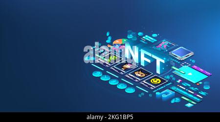 Gettone NFT card con cripto art. Gettoni digitali non fungibili con pixel art in isometrico Illustrazione Vettoriale
