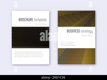 Set di modelli per il design minimalista della copertina. Linee astratte dorate su sfondo nero. Design emotivo della copertina. Catalogo ideale, poster, modello di libro ecc. Illustrazione Vettoriale