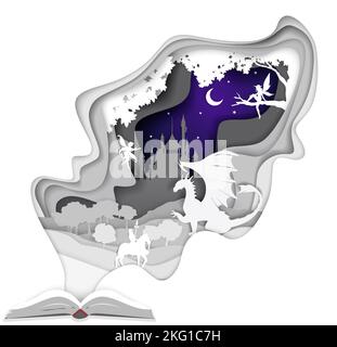 Libro di storia aperto con carine magiche sagome di cavaliere medievale fata e personaggi draghi, illustrazione vettoriale. Composizione da favola in carta mod Illustrazione Vettoriale