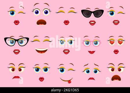 Facce emoji per costruttore di emoticon, illustrazione vettoriale. Sorridere il creatore del personaggio femminile. Illustrazione Vettoriale