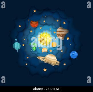 Sistema solare, illustrazione dello stile di taglio della carta a strati vettoriali. Il sole e i pianeti che lo orbitano. Scienza dell'astronomia, composizione dello spazio esterno per banner web, Illustrazione Vettoriale