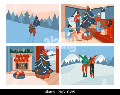 Mano disegnata vettore astratto divertimento stock piatto buon Natale, e felice cartone animato di Capodanno festivo con belle illustrazioni della collezione di scene di Natale Illustrazione Vettoriale