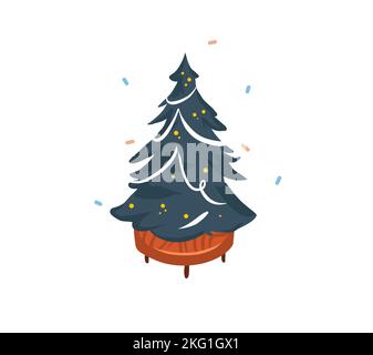 Mano disegnata vettore astratto divertimento stock piatto buon Natale, e felice cartone animato di Capodanno festivo con belle illustrazioni di grande decorato albero di Natale Illustrazione Vettoriale