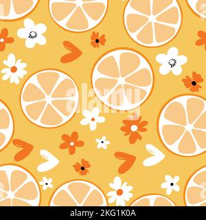Illustrazione estiva con arance e limoni. Motivo Seamlees con frutti colorati su sfondo colorato. Concetto di cibo. Modello per invito Illustrazione Vettoriale