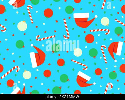 Modello natalizio senza cuciture con palle natalizie, lecca e cappelli di Babbo Natale. Buon Natale. Design natalizio nei colori verde e rosso per stampa, confezionamento Illustrazione Vettoriale