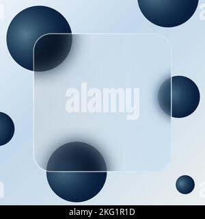 Striscione in vetro smerigliato con palline o bolle blu scuro casuali 3D. Sfondo quadrato alla moda in stile vetmorfismo. Modello moderno con cornice per il testo Illustrazione Vettoriale