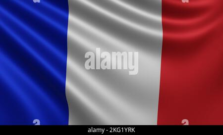 Resa della bandiera francese flutters nel vento primo piano, la bandiera nazionale di Francia flutters in risoluzione 4K, primo piano, colori: RGB. Foto Stock