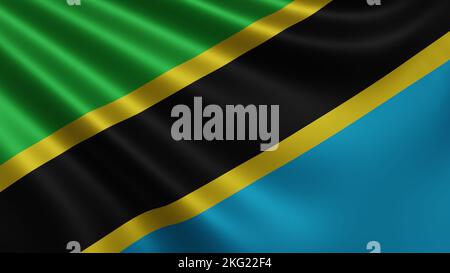 Resa della bandiera della Tanzania flutters nel vento close-up, la bandiera nazionale della Tanzania flutters in risoluzione 4K, primo piano, colori: RGB. Foto Stock