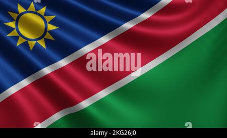 Resa della bandiera della Namibia sbatte nel primo piano del vento, la bandiera nazionale della Namibia sbatte in risoluzione 4K, primo piano, colori: RGB. Foto Stock