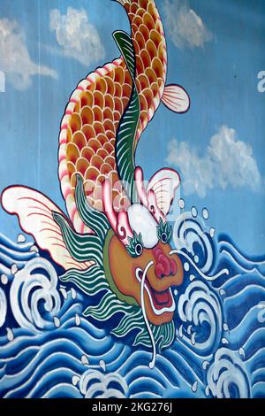 Quan De Mieu taoist tempio. Pesce. Pittura di parete. Tan Chau. Vietnam. Foto Stock