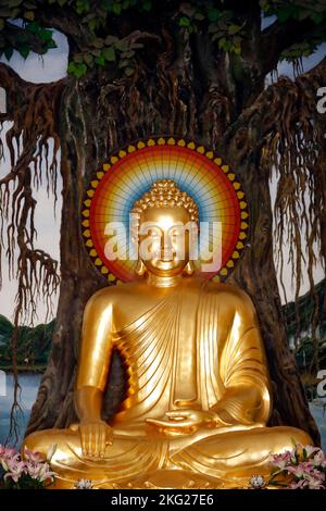 Tempio buddista. Altare maggiore con statua dorata del Buddha. Buddha seduto nella posa di meditazione. Albero Bodhi. Statua. Hoi An. Vietnam. Foto Stock