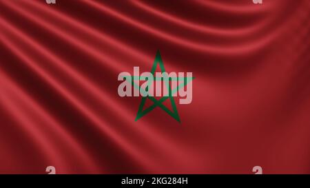 Resa della bandiera del Marocco flutters nel vento primo piano, la bandiera nazionale del Marocco flutters in risoluzione 4K, primo piano, colori: RGB. Foto Stock