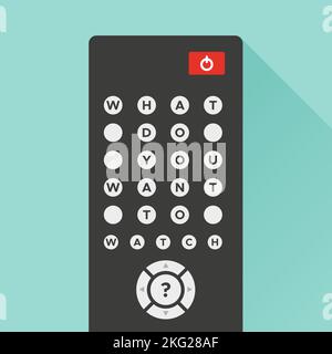 Telecomando TV con lunga ombra su sfondo turchese. Sui pulsanti viene visualizzato il testo "cosa vuoi guardare?" Concetto di streaming televisivo, web Illustrazione Vettoriale