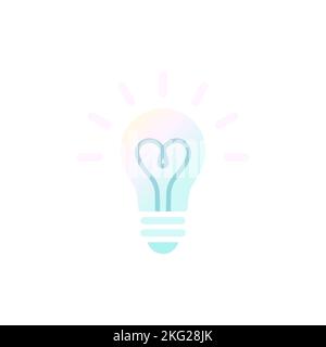 Lampadina incandescente. Isolato lampada elettrica su sfondo bianco. Colori pastello. Filamento di cuore. Illustrazione Vettoriale, design piatto Illustrazione Vettoriale