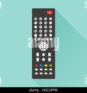 Telecomando TV con lunga ombra su sfondo turchese. Sui pulsanti viene visualizzato il testo "cosa vuoi guardare?" Concetto di streaming televisivo, web Illustrazione Vettoriale