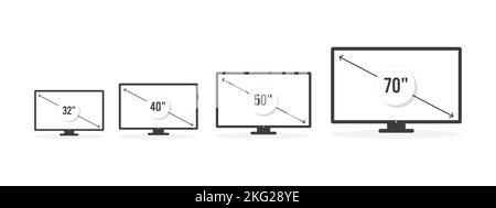 Set di icone Smart TV. Dimensioni dello schermo in diagonale: 32, 40, 50 e 70 pollici. Televisore LCD. Monitor del computer. Illustrazione vettoriale, design piatto Illustrazione Vettoriale