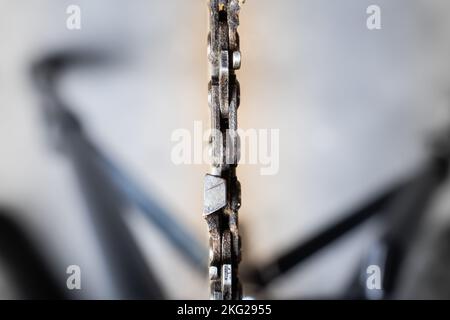 Catena della motosega sul primo piano dello pneumatico. Denti di sega per il taglio del legno su uno sfondo sfocato. Attrezzo agricolo Foto Stock