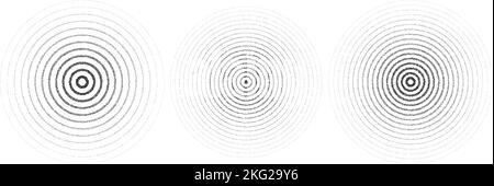 Impostazione dei cerchi di ondulazione concentrici della texture. Sonar o suono Wave rings collezione. Informazioni sull'icona dell'epicentro, del target e del radar. Segnale radiale o vibrazione Illustrazione Vettoriale
