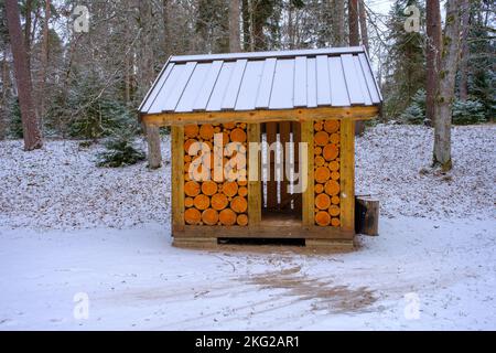 capannone per la conservazione di legna da ardere secca. Parco naturale Skanaiskalnas nel mese di novembre a Mazsalac, Lettonia. Foto Stock