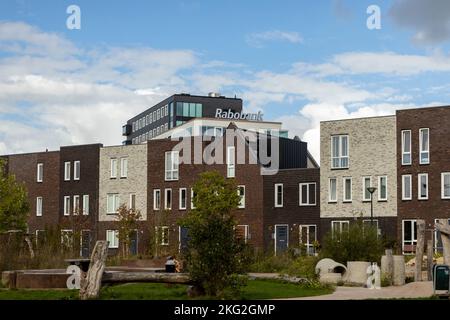 Fila di case contemporanee con innalzarsi sopra la banca olandese contadini Rabobank contro un cielo blu con le nuvole basse e quartiere parco giochi nel for Foto Stock