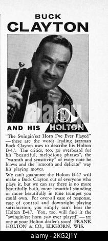 Un annuncio per le trombe di Holton dal grande Buck Clayton. Da una rivista musicale della metà del 1960s. Foto Stock