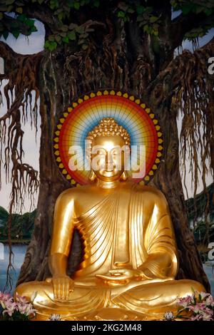 Tempio buddista. Altare maggiore con statua dorata del Buddha. Buddha seduto nella posa di meditazione. Albero Bodhi. Statua. Hoi An. Vietnam. Foto Stock