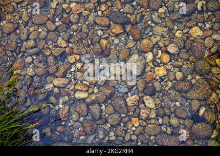 Pietre di Rooling sul fondo di un fiume Foto Stock