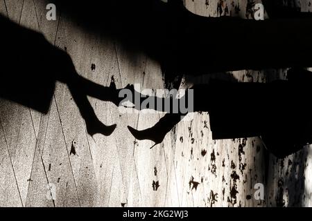 Donna che cammina e proietta lunga ombra sulla strada. Spagna. Foto Stock