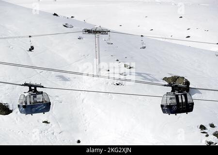 Stazione sciistica Val Thorens, 2300m km, nelle tre valli (Les Trois Vallees). Francia. Foto Stock