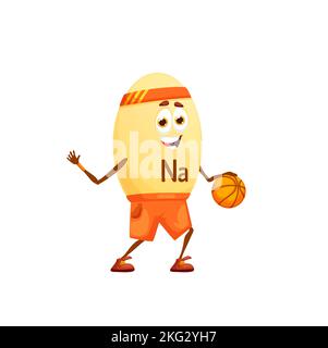 Cartoon sodio o natrio giocatore di basket personaggio. Vettore isolato divertente Na capsula corsa con palla. Gioco di personaggi nutrienti, esercizi sportivi, divertimento. Supplemento alimentare sportivo bolla di formazione Illustrazione Vettoriale