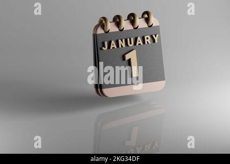 Calendario da tavolo in piedi nero e dorato mese con data gennaio 1.. Design moderno con elementi dorati, illustrazione in 3D. Ceramica bianca Foto Stock