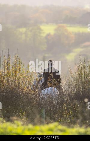 UK Fox Hunting - uomo a cavallo in posizione di attesa per l'arrivo dei lonci. Foto Stock