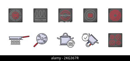 Icone di induzione, piano di cottura o cucina e simboli vettoriali piano di cottura. Pittogrammi di pentole e stoviglie compatibili con induzione o spirale rossa per piano di cottura elettrico e utensili ad induzione Illustrazione Vettoriale