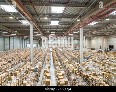 Immagine prospettica di file di scaffali con scatole di merci in magazzino industria moderna negozio in fabbrica Foto Stock