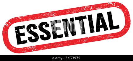 ESSENZIALE, testo sul simbolo del timbro rettangolo rosso-nero. Foto Stock