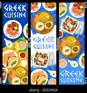 Striscioni di cucina greca, piatti greci e menu mediterraneo per ristorante, vettore. Cucina greca pranzo, cena o colazione, insalata tradizionale con formaggio halloumi e tzatziki Illustrazione Vettoriale